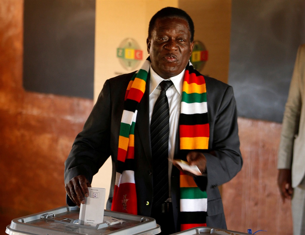 Zimbabwe President Emmerson Mnangagwa casts his ballot as he votes in the general election at Sherwood Park Primary School in Kwekwe, Zimbabwe, on July 30 2018. Picture: Philimon Bulawayo/Reuters
