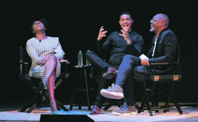 Light touch:Trevor Noah shares a joke during the annual PEN World Voices Festival, where he and novelist Chimamanda Ngozi Adichie spoke of how they experienced racism living in the US. Picture: Pen ORg