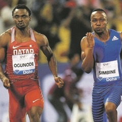 Like the wind:  Femi Ogunode of Qatar and SA's Akani Simbine compete in the 100m race at the IAAF Diamond League competition in Doha. (Noushad Thekkayi, EPA)