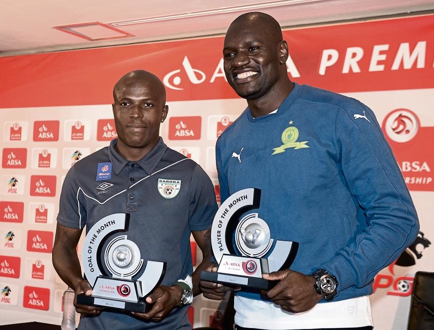 Baroka FC player Mxolisi Kunene (left) won the PSL Goal of the Month award for April, while Mamelodi Sundowns goalie Denis Onyango was named Player of the Month.Photo by Trevor Kunene