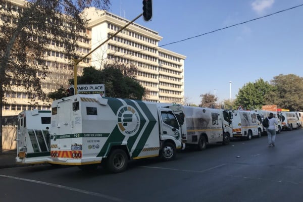 Hundreds of security guards working in the money transportation sector are protesting against the recent spate of cash-in-transit heists around the country. (Amanda Khoza, News24)