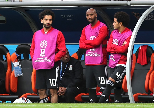 Mohamed Salah, Shikabala and Omar Gaber of Egypt look on dejected during the 2018 FIFA World Cup Russia group A match
