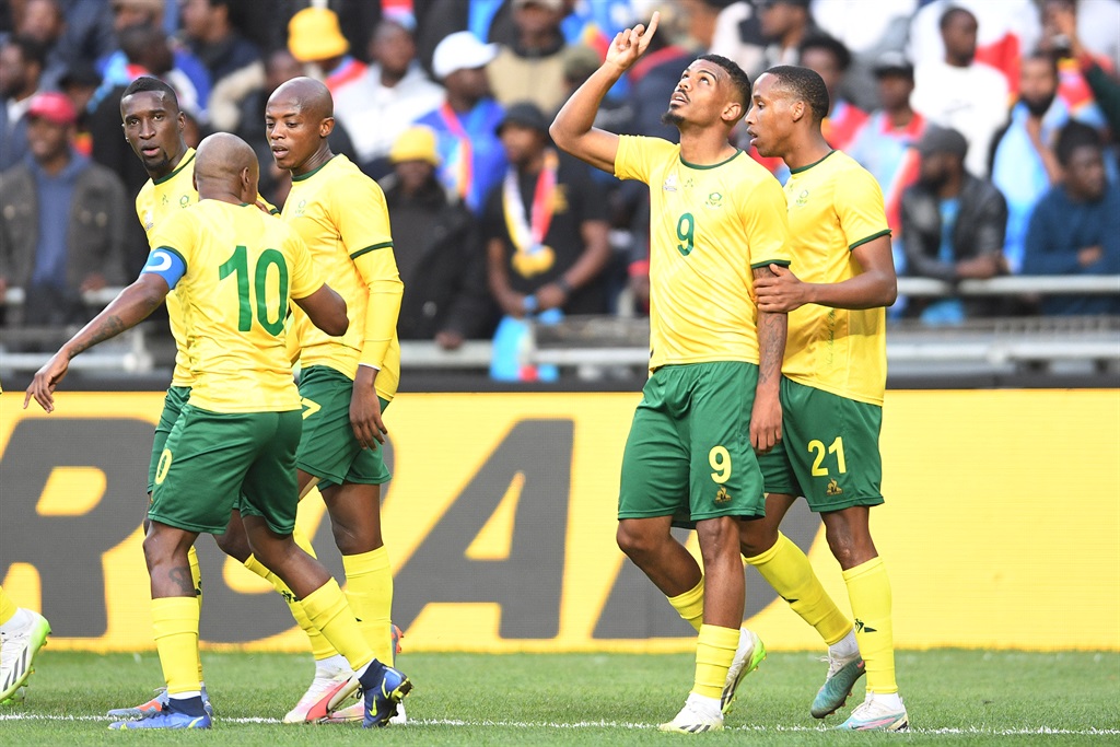 Lyle Foster of South Africa celebrates his goal with team mates during the international friendly match between South Africa and DR Congo at Orlando Stadium on September 12, 2023 in Johannesburg, South Africa. (Photo by Lefty Shivambu/Gallo Images)