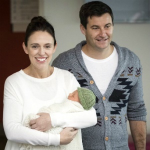 New Zealand Prime Minister Jacinda Ardern, with her partner Clarke Gayford, holds their baby girl, Neve, at Auckland Hospital. (Greg Bowker/New Zealand Herald via AP)