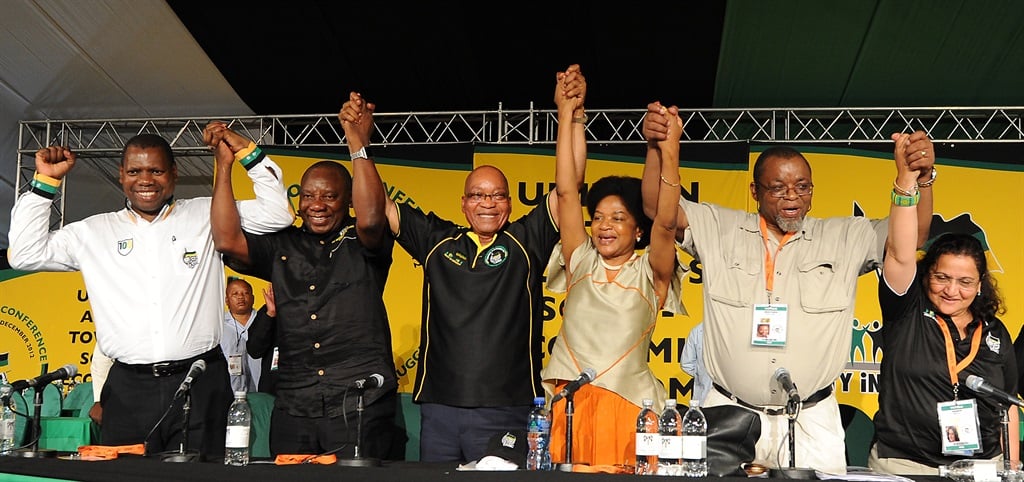 The newly elected top six celebrate their victory at the the 53rd national conference held in Mangaung in 2012: Zweli Mkhize, Cyril Ramaphosa, Jacob Zuma, Baleka Mbethe, Gwede Mantashe and Jessie Duarte.Picture: Felix Dlangamandla