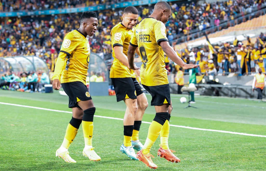 Ashley Du Preez, Dillan Solomons and Mduduzi Shabalala celebrate a goal during the Nedbank Cup last 16 match between Kaizer Chiefs and Casric Stars at FNB Stadium on March 12, 2023 in Johannesburg, South Africa.