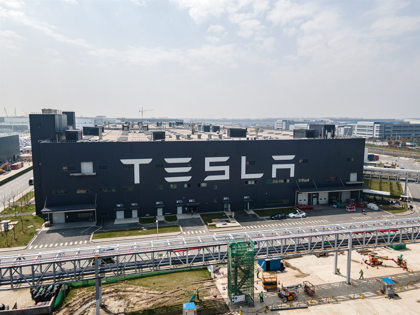 An aerial view of the Tesla Shanghai Gigafactory on March 29, 2021 in Shanghai, China.