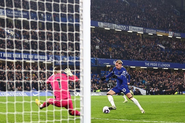 Chelsea's Mykhailo Mudryk scores their third goal during the Premier League match against Newcastle United at Stamford Bridge on 11 March 2024. (Atkins/Getty Images)