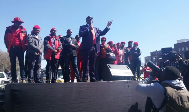 Malema addresses his supporters after his fraud case was adjourned.<br />