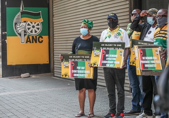 ANC staff picketing outside Luthuli House in September over the non-payment of their salaries.  (Photo by Sharon Seretlo/Gallo Images via Getty Images)