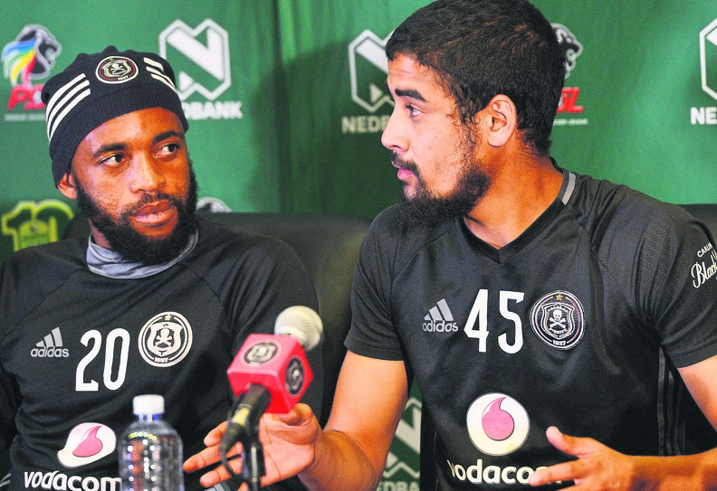 Orlando Pirates’ Oupa Manyisa and Abbubaker Mobara say they are ready for the Nedbank Cup final on Saturday. Photo by Themba Makofane