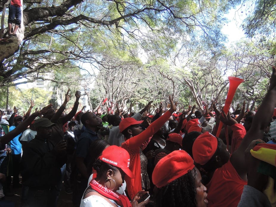 Supporters of the opposition MDC Alliance in Unity Square before marching to protest outside the Zimbabwe Electoral Commission. David Moore