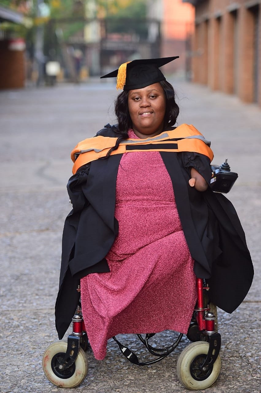 Tinyiko Gwambe from Sunnyside in Tshwane hopes her master's degree in social work will inspire others who are living with disabilities. Photo by Raymond Morare