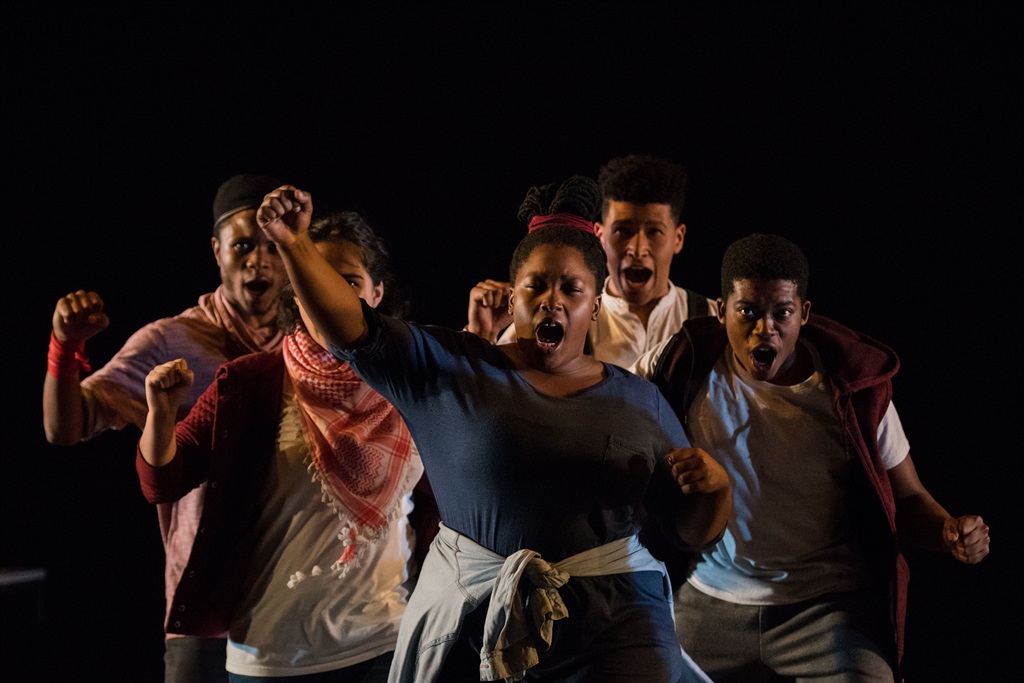  Actors perform ‘The Fall’ play during the 10th annual Youth Expression Festival at the State Theatre on June 06, 2018 in Tshwane, South Africa. ‘The Fall’, based on the recent University of Cape Town’s #RhodesMustFall movement, is a new production devised by seven UCT Drama graduates who share their personal experiences. (Photo by Gallo Images / Alet Pretorius)
