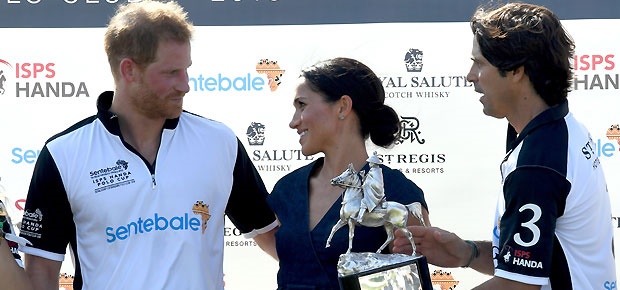 Prince Harry and Meghan with Nacho Figueras at the Sentebale Polo Cup 2018. (Photo: Getty Images)