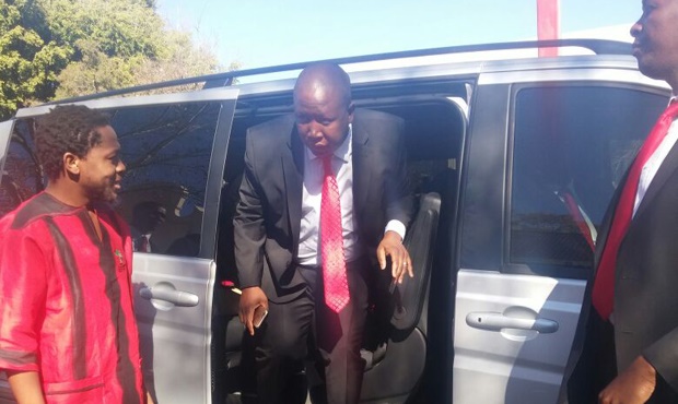 Julius Malema greeted by EFF national
spokesperson Mbuyiseni Ndlozi and the provincial secretary Josi Buthane.

