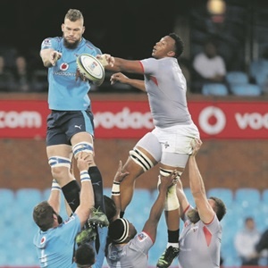 HIGH UP:  Rudolph Snyman of the Bulls wins the ball in the lineout from Lubabalo Mtyanda of the Kings during their Super Rugby match at Loftus. (Gavin Barker, BackpagePix)
