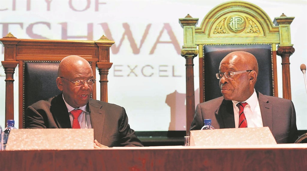 Whitewash: Chairperson of the arms deal commission Judge Willie Seriti (right) and Free State Judge President Thekiso Musi at the inquiry’s hearings in August 2013. Picture: Leon Sadiki