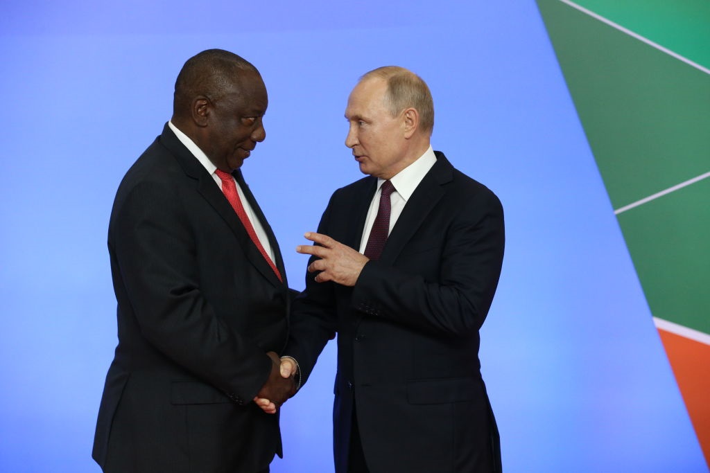 Russian President Vladimir Putin greets President Cyril Ramaphosa during the welcoming ceremony at the Russia-Africa Summit in 2019.