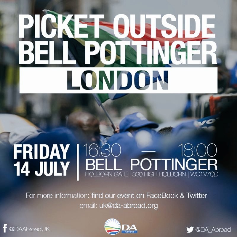 The Democratic Alliance will be picketing outside London-based Public Relations firm Bell Pottinger this afternoon Picture: twitter/@OUR_DA 