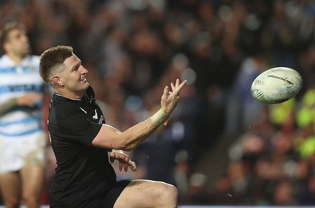 Jordie Barrett of the New Zealand All Blacks celebrates a try during The Rugby Championship match between the New Zealand All Blacks and Argentina Pumas at FMG Stadium Waikato on September 03, 2022 in Hamilton, New Zealand. (Phil Walter/Getty Images)