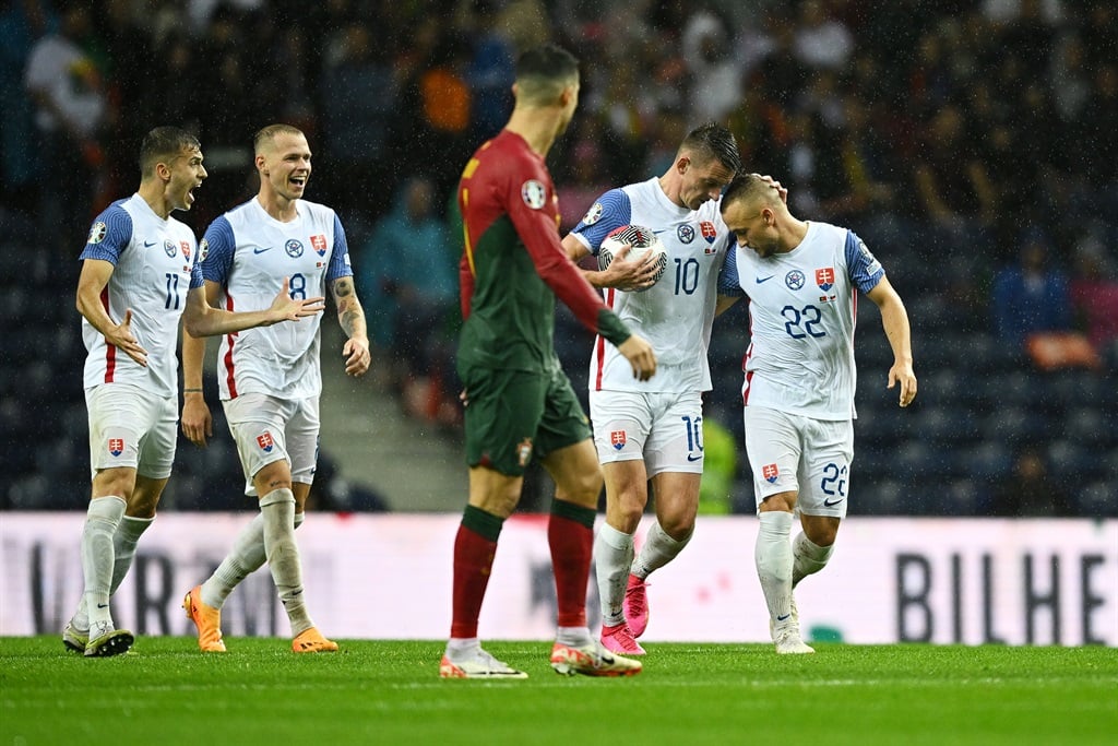PORTO, PORTUGAL - OCTOBER 13: Stanislav Lobotka of Slovakia celebrates after scoring the teams second goal during the UEFA EURO 2024 European qualifier match between Portugal and Slovakia at Estadio do Dragao on October 13, 2023 in Porto, Portugal. (Photo by Octavio Passos/Getty Images)