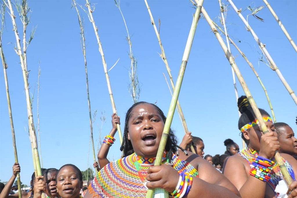 Maidens singing on their way to present reed to king Misuzulu during reed dance festival held at eMachobeni royal palace. Photo by Jabulani Langa
