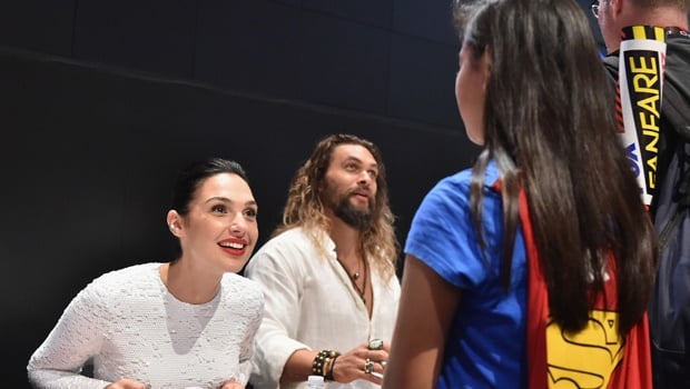 Gal Gadot and Jason Momoa greet fans during the 'Justice League' autograph signing at Comic-Con International 2017 
