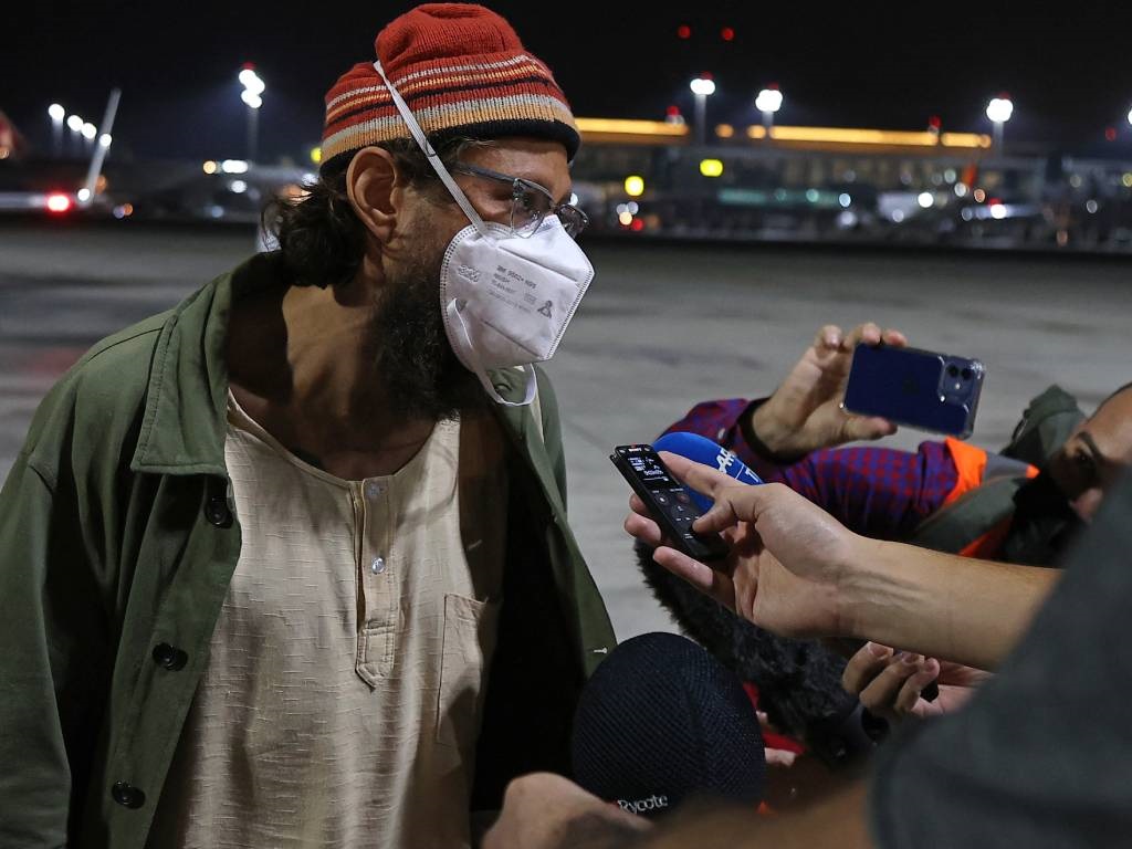 US journalist Danny Fenster, who was imprisoned in Myanmar, speaks to the press upon his arrival at Hamad International Airport in Qatar's capital Doha.