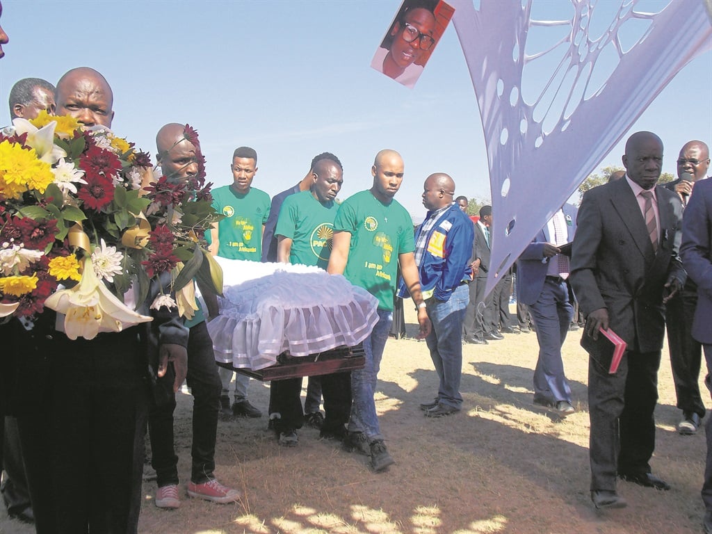 Members of the Pan Africanist Student Movement of Azania carry Katlego Monareng’s coffin after his death during a protest at Tshwane University of Technology.