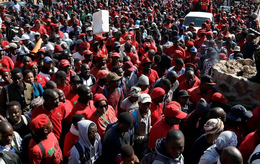 Opposition party members protest in Pretoria on Tuesday (August 8 2017) ahead of a Parliament vote in Cape Town on a motion of no confidence in President Jacob Zuma. Picture: Themba Hadebe/AP