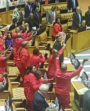 EFF MPs singing 'Hamba, Zuma' in the National Assembly before the debate on the motion of no confidence. (Paul Herman, News24)