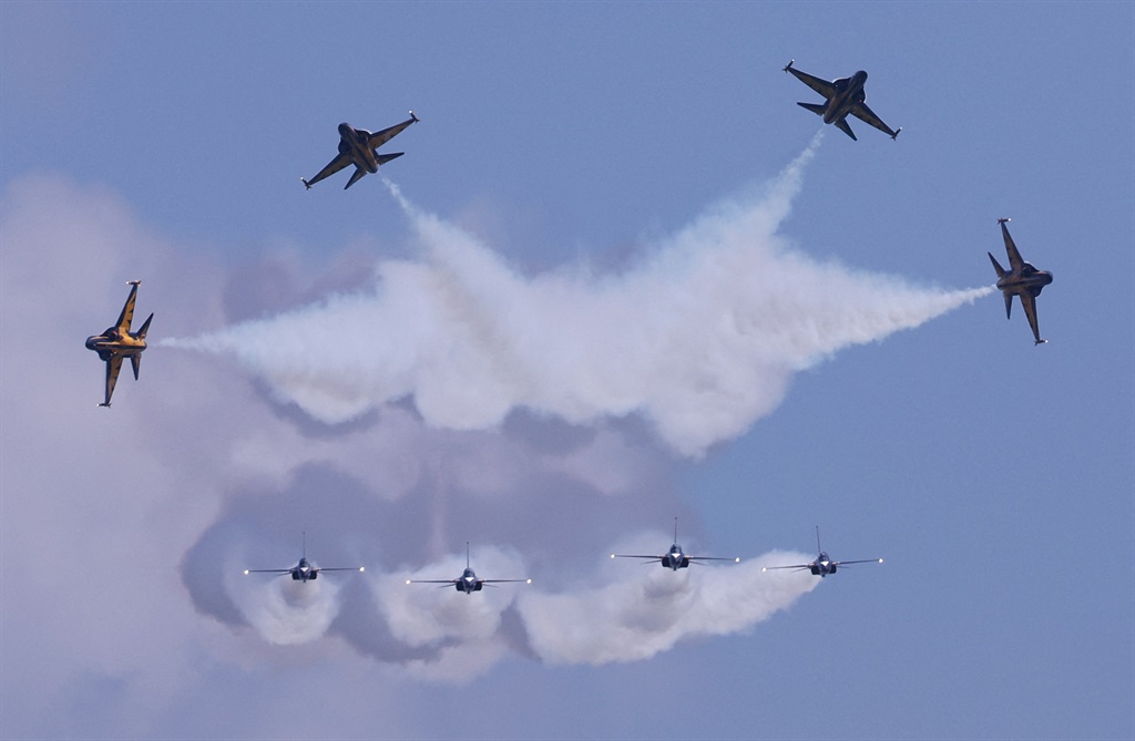 Republic of Korea Air Force, Black Eagles, performs during an aerial flying display ahead of the Singapore Airshow at Changi Exhibition Centre in Singapore on 18 February 2024 
