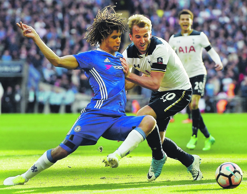 ENCOUNTER Tottenham’s Harry Kane (right) fights for the ball with Chelsea’s Nathan Aké during the FA Cup semifinal match at Wembley Stadium in April. Picture: Andy Rain 