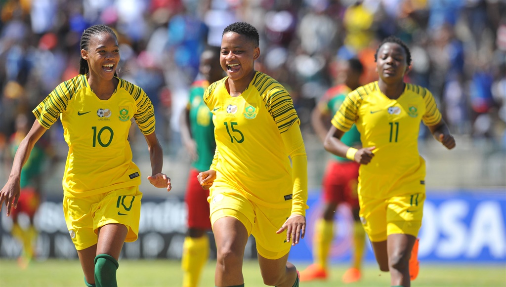 Refiloe Jane of South Africa celebrates goal with teammates 