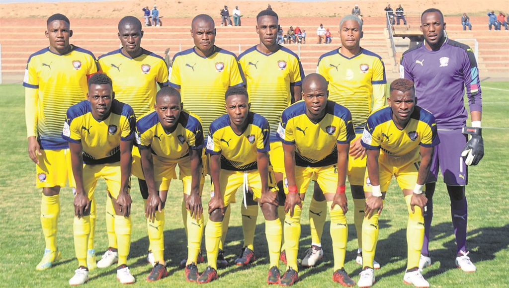 Jomo Cosmos players with their king goalkeeper, Kgosi Ndlovu (far right). Photo by Backpagepix