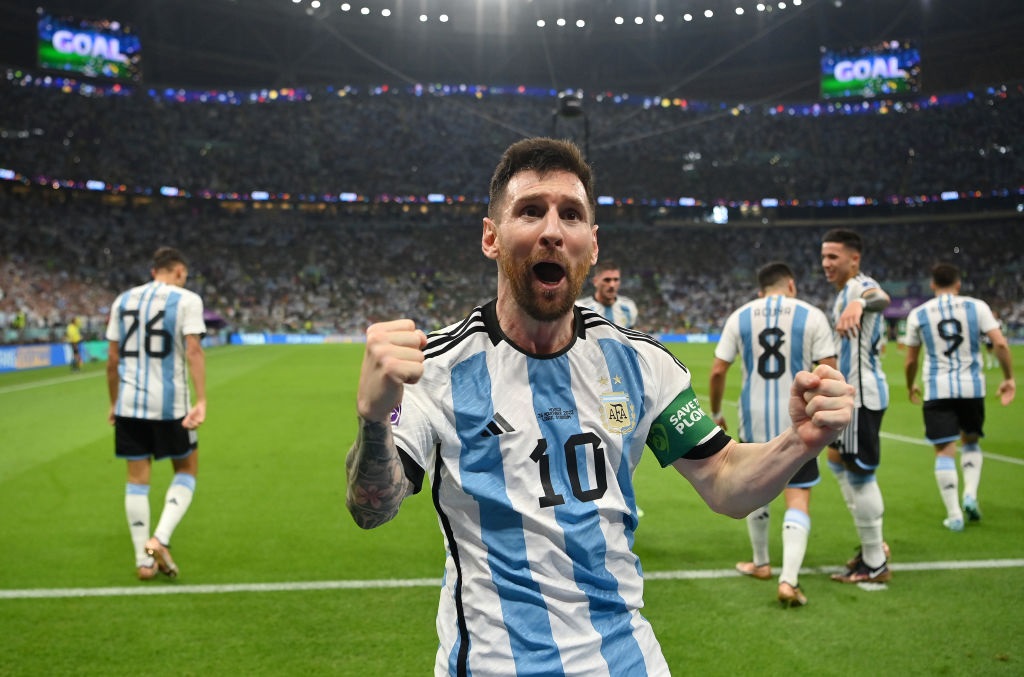 LUSAIL CITY, QATAR - NOVEMBER 26: Lionel Messi of Argentina celebrates scoring their teams first goal during the FIFA World Cup Qatar 2022 Group C match between Argentina and Mexico at Lusail Stadium on November 26, 2022 in Lusail City, Qatar. (Photo by Dan Mullan/Getty Images)