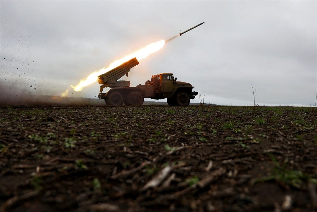 A BM-21 'Grad' multiple rocket launcher fires towards Russian positions on the front line near Bakhmut, Donetsk region, on November 27, 2022, amid the Russian invasion of Ukraine. SA will take part in a military drill with Russia during the anniversary of Russia's invasion of Ukraine.