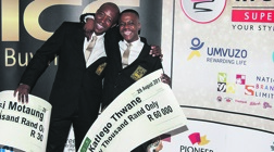 Atlegang Bana Saturday School’s Katlego Thwane (right), the Young Community Shaper, and second runner- up, Tubatsi Motaung of Nigol Football Club.