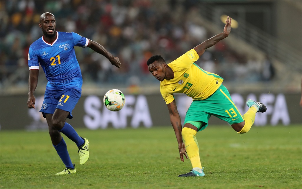 Morgan Gould is challenged by Julio Tavares during the 2018 Fifa World Cup qualifier match between South Africa and Cape Verde at Moses Mabhida Stadium on Tuesday. Picture: Anesh Debiky/Gallo Images