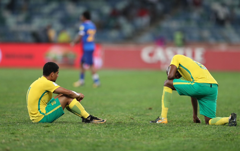 Bafana Bafana players after their 2-1 defeat to Cape Verde in the FIFA World Cup Qualifier match at Moses Mabhida Stadium