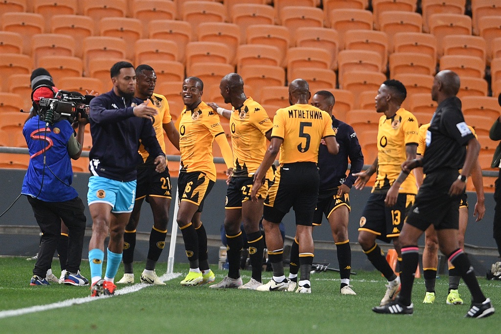 Wandile Duba of Kaizer Chiefs celebrates a goal with teammates during the DStv Premiership match between Kaizer Chiefs and Golden Arrows at FNB Stadium on March 05, 2024 in Johannesburg, South Africa.