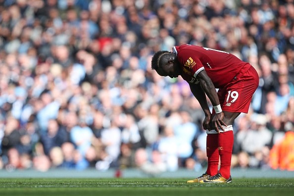 Sadio Mane of Liverpool reacts after being sent off during their Premier League match against Manchester City