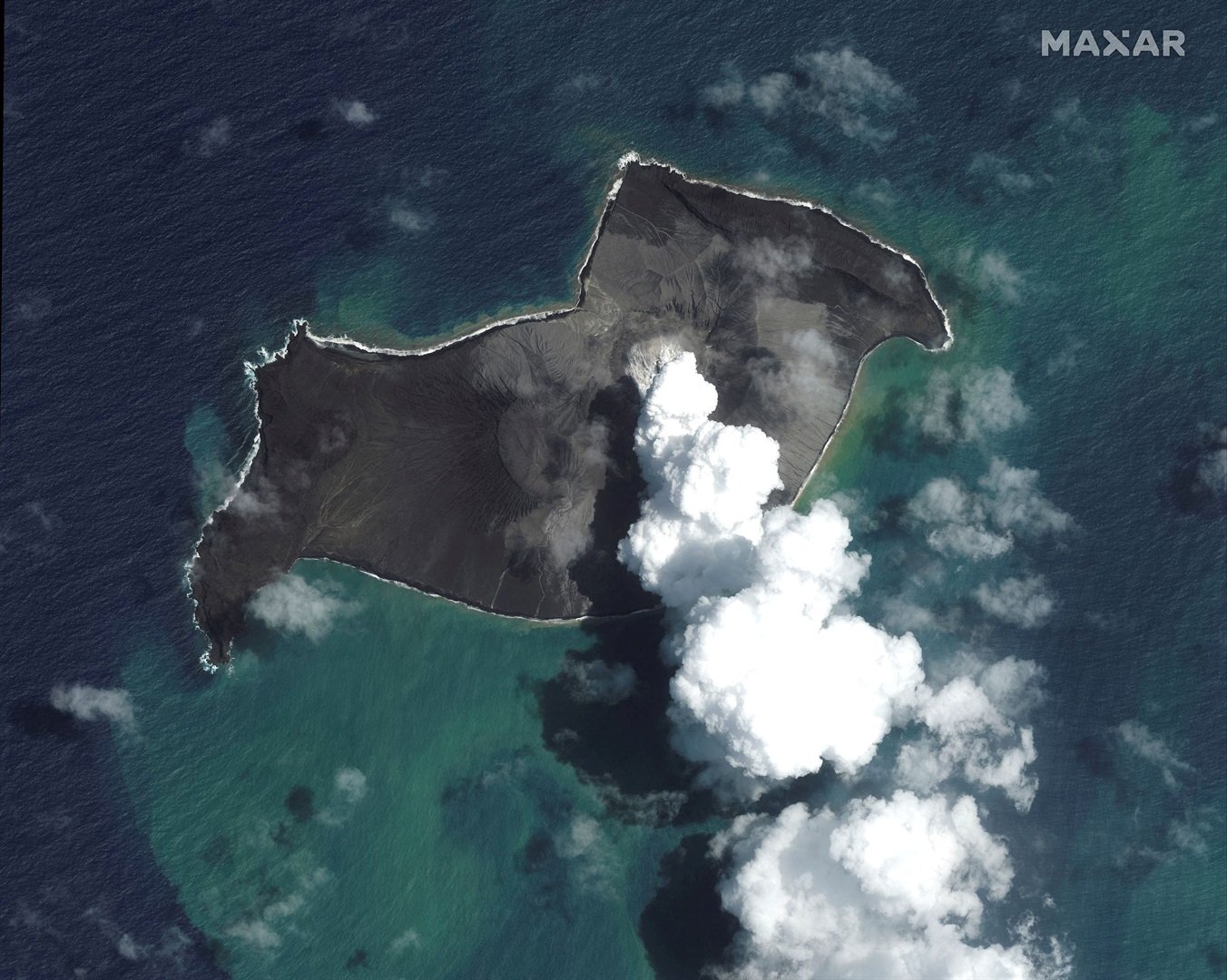 A satellite image shows the Hunga Tonga-Hunga Ha'apai volcano before its main eruption. A satellite image shows the Hunga Tonga-Hunga Ha'apai volcano before its main eruption. Satellite Image ©2022 Maxar Technologies/Handout via REUTERS