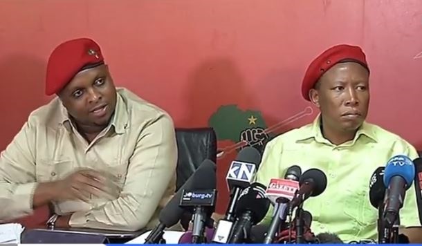 EFF deputy president Floyd Shivambu and EFF leader Julius Malema at a media briefing on Tuesday.