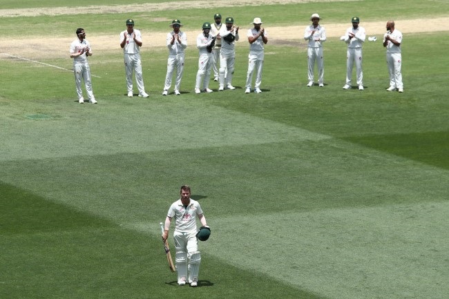 David Warner acknowledges the crowd after being dismissed in his final innings for 57 runs during day four of Third Test Match in the series between Australia and Pakistan at Sydney Cricket Ground.
