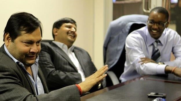 Ajay and Atul Gupta, and Sahara director, Duduzane Zuma speak media at the New Age Newspaper's offices in Midrand, Johannesburg, on 4 March 2011. (Photo: Gallo Images)