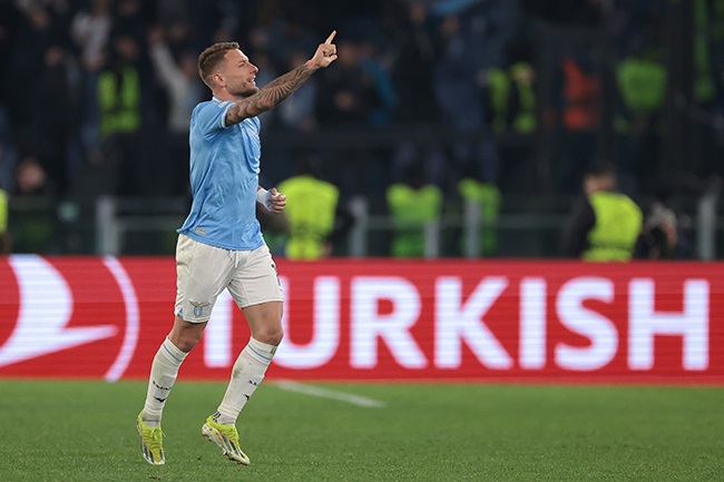 Ciro Immobile of SS Lazio celebrates after scoring a penalty during the Champions League round of 16 first leg match against Bayern Munich at Stadio Olimpico in Rome on 14 February 2024. (Photo by Jonathan Moscrop/Getty Images)