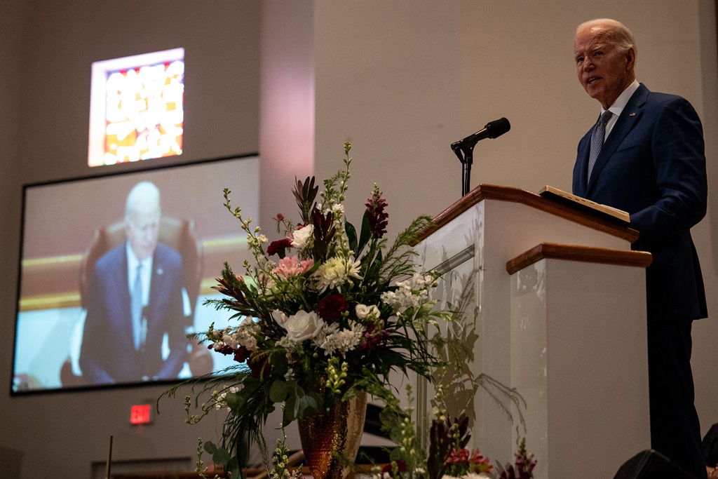 US President Joe Biden delivers remarks at the St. John Baptist Church in Columbia, South Carolina, on 28 January 2024. US President Joe Biden vowed on Sunday to strike back after a drone attack he blamed on Iran-backed militant groups killed three US troops in Jordan.
