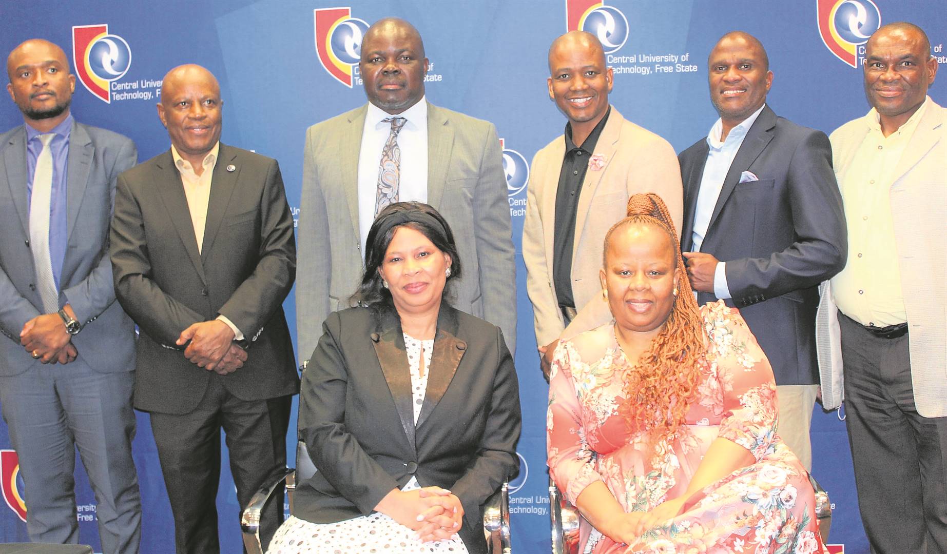 At the recent consultation between the National Student Financial Aid Scheme (NSFAS) and the Central University of Technology (CUT), Free State, are from the left, front: Dr Sally Dzingwa (CUT registrar) and Matseliso Mfanta (CUT chairperson); back: Andile Nongogo (NSFAS chief executive officer), Prof. Alfred Ngowi (CUT acting vice-chancellor), Ernest Khosa (NSFAS chairperson), Matthew Rantso (chairperson of the CUT’s council), Prof. David Ngidi (CUT deputy vice-chancellor for teaching and learning) and Moeketsi Sefika (chairperson of the council’s committee for planning, finance and resources). Photo: Supplied